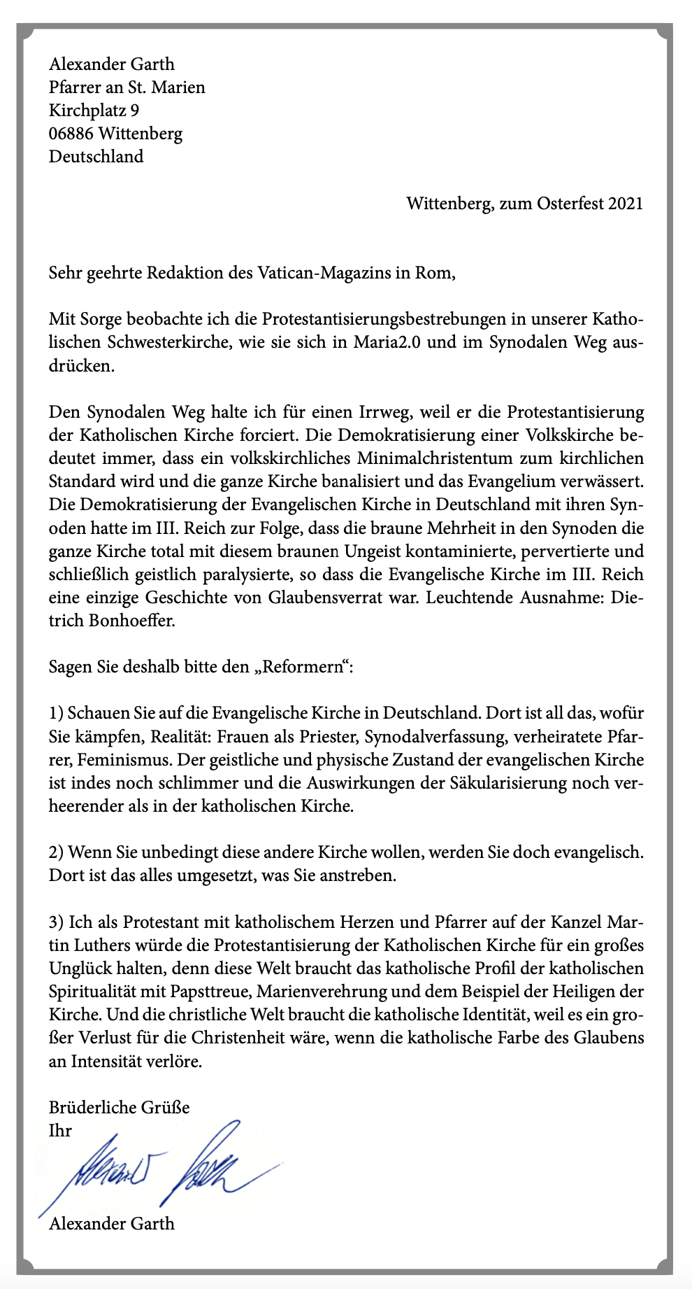 Een foto van de brief die met Pasen werd verstuurd, geschreven door ds. Alexander Garth.