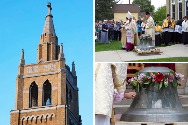 Pater Nathan Caswell van de reguliere kanunniken van Sint Johannes Cantius, die toen kapelaan was, nam in 2018 deel aan de herinwijding van de klok van de St. Peter Catholic Church door hulpbisschop Joseph Perry van Chicago. Bisschop Perry is te zien tijdens de reiniging met wijwater van de klok.(Foto: Met dank aan St. Peter Catholic Church)