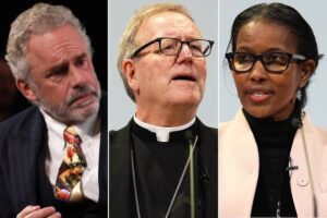 L naar R: Jordan Peterson, bisschop Robert Barron en Ayaan Hirsi Ali spreken 18 februari op de conferentie van de Alliance for Responsible Citizenship in Londen. (foto: Andrew Parsons / Parsons Media)