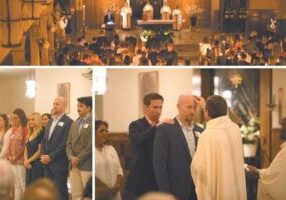 Joseph Holmstrom, linksonder, in het midden te zien, en tijdens het ontvangen van het vormsel, trad toe tot de katholieke kerk in St. Brigid's Catholic Church in San Diego tijdens de Paaswake van 2018 die baadde in kaarslicht als onderdeel van de Liturgie van het Licht. (foto: Brittney Farra, Astray Photography)