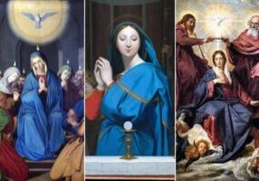 Fidelis Schabet, "Pinksteren"; Jean Auguste Dominique Ingres, "De Maagd die de Hostie aanbidt", 1852; Diego Velázquez, "De kroning van de Maagd", ca. 1635. (foto: Wikimedia Commons / Publiek Domein)