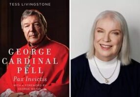 Auteur Tess Livingstone (r) en de omslag van haar biografie van kardinaal George Pell (foto: Met dank aan Carmel Communications en Ignatius Press)