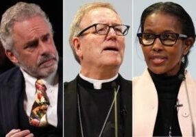 L naar R: Jordan Peterson, bisschop Robert Barron en Ayaan Hirsi Ali spreken 18 februari op de conferentie van de Alliance for Responsible Citizenship in Londen. (foto: Andrew Parsons / Parsons Media)